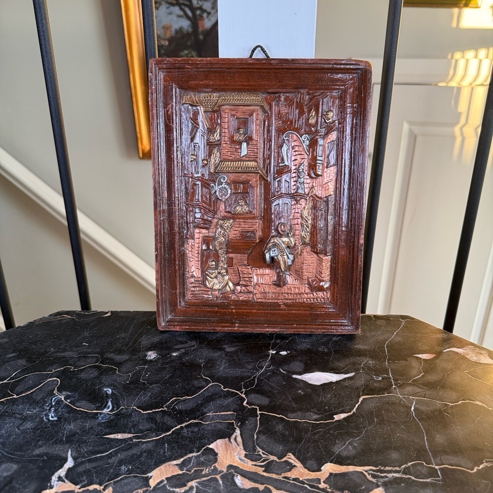 Antique 19th C. German Wax Relief Plaque, Pedlar & Town Street Scene Metallic